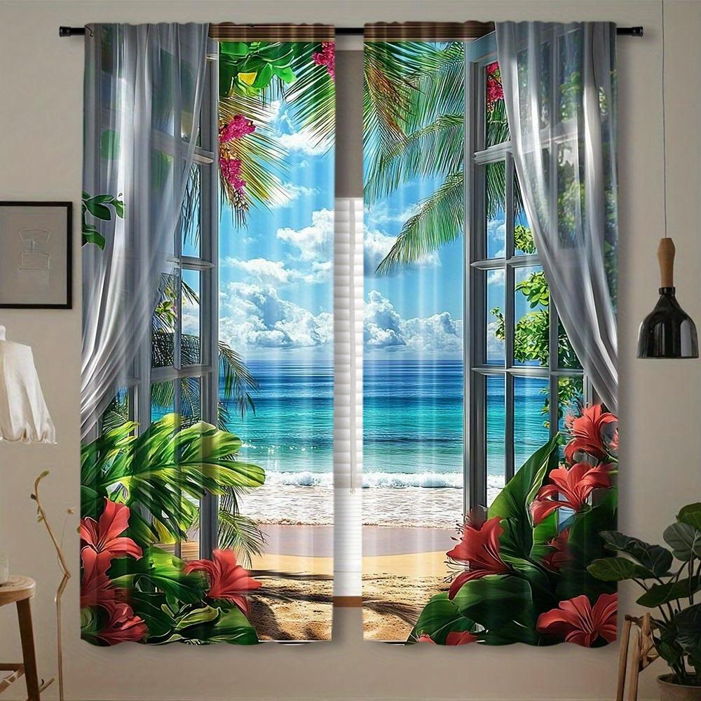 2 pieces of modern landscape printing curtain-rod pocket design easy to hang window curtain for home decoration