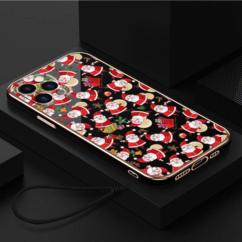 Luxury Plated TPU Phone Case With Lanyard for iPhone 6 6s 7 8 Plus SE XR XS 11 12 13 14 15 Pro Max Soft Cases A23 Santa Claus Happy New Year Cover