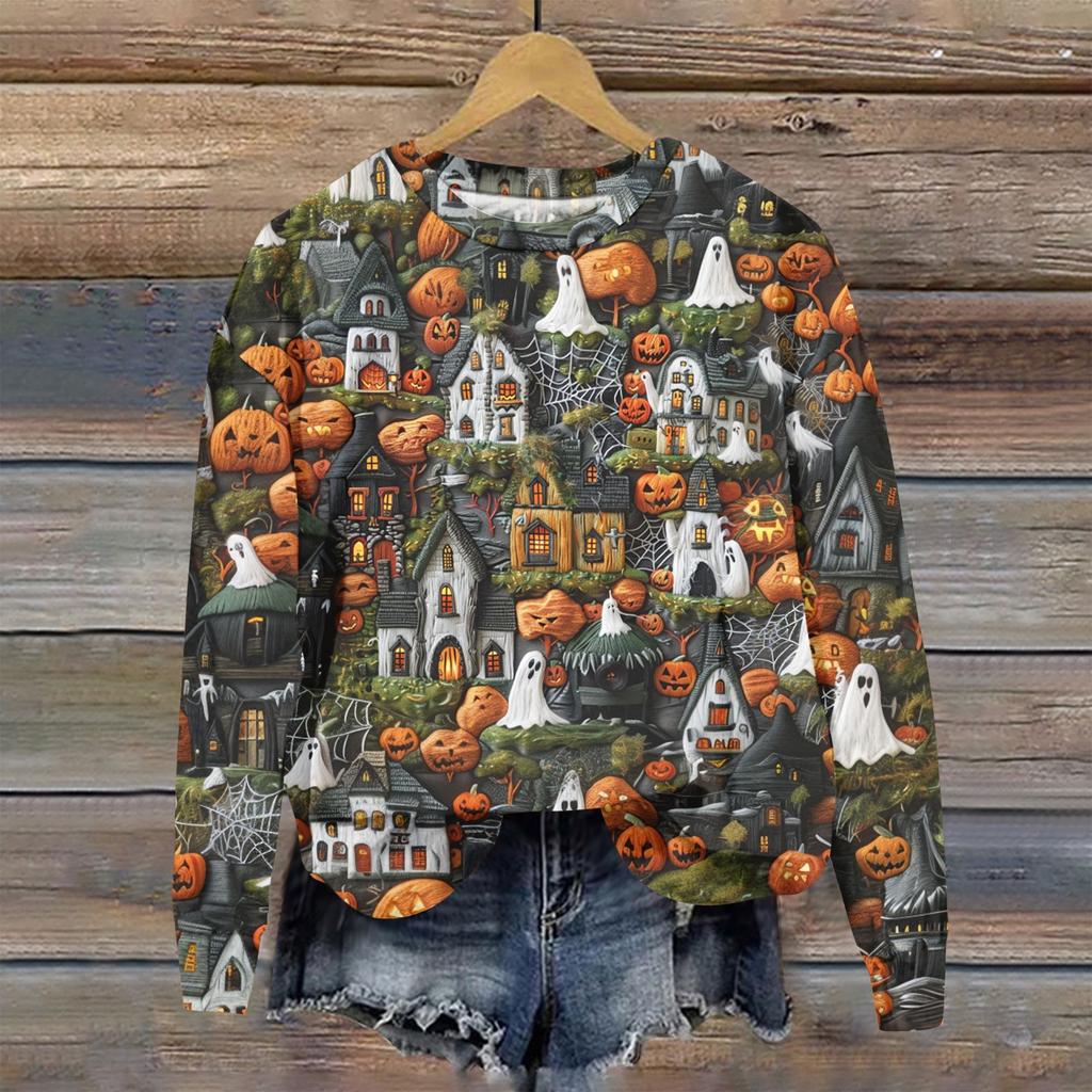 Женский осенне-зимний топ с круглым вырезом и длинными рукавами, милый свитер-пуловер с принтом 3D на тему Хэллоуина