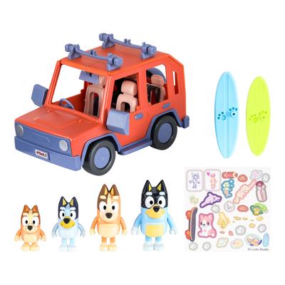 Bluey Heeler Family 4WD Vehicles and Figures, набор из 4 фигурок 2,5–3 дюйма, аксессуары для досок для серфинга и 2 наклейки, 17637