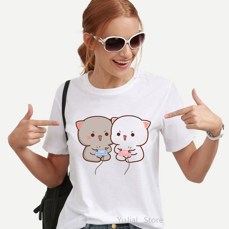Kawaii Women'S Clothing Peach And Goma Mochi Cat Cartoon Print Tshirt Femme Korean Style Clothes Harajuku T Shirt Tops