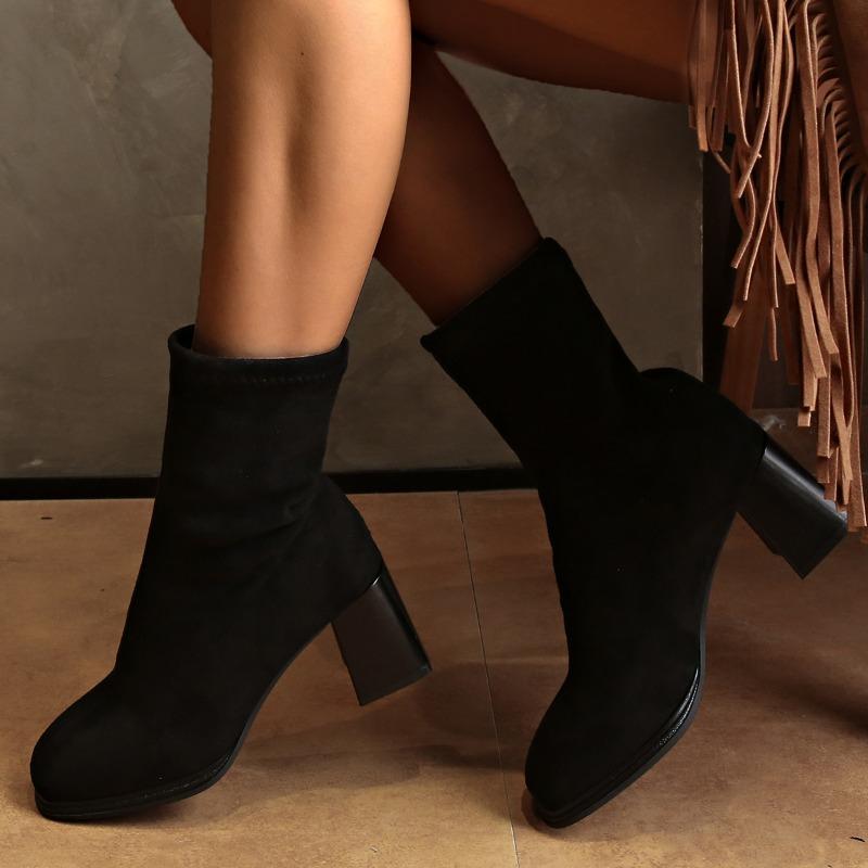 Модные женские модные одинарные ботинки на толстом каблуке, осенние, новые, с квадратным носком, с замшевыми рукавами, противоскользящие, износостойкие, короткие ботинки