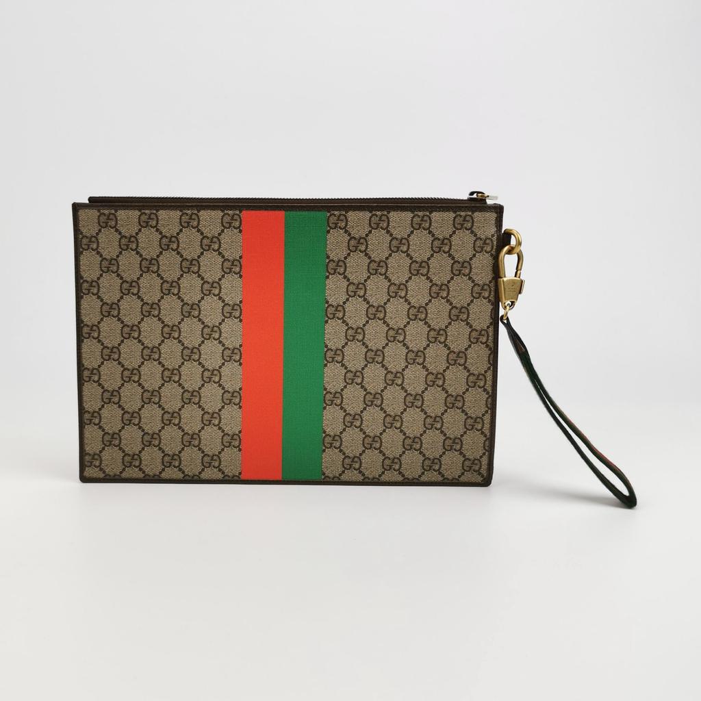 [Pre-Owned] Monogram Logo Letter Print Striped Wristband Canvas And Leather Clutch - Very Good #DBV4NS