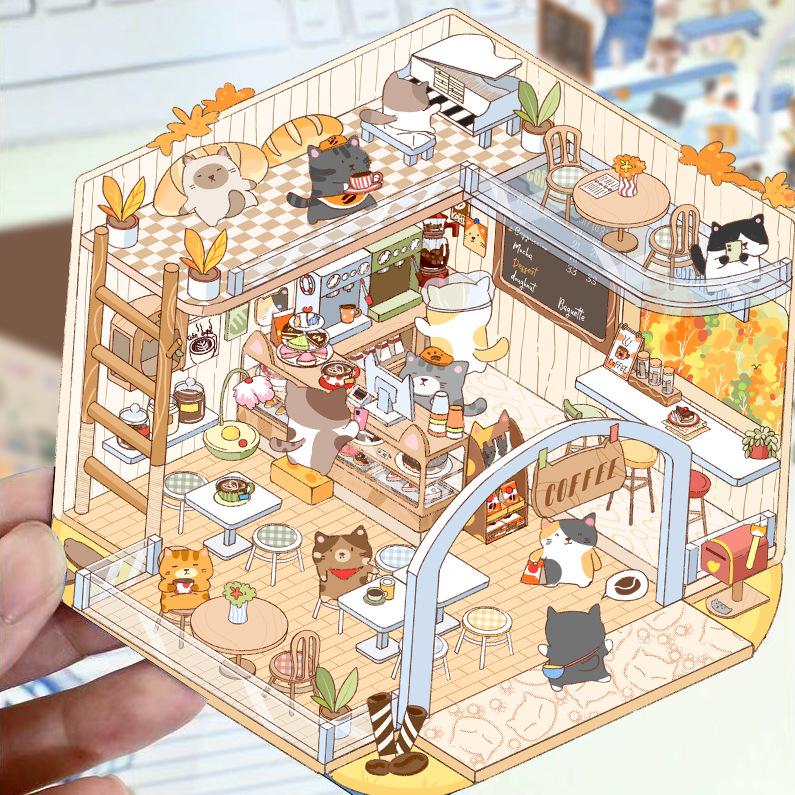 Cartoon Landscape Stickers Multiple Miniature World 3D Hut Unzip DIY Scene Manual Post