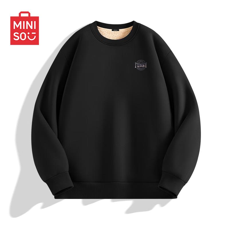 MINISO Men's Winter Fleece-Lined Lambswool Round Neck Sweatshirt