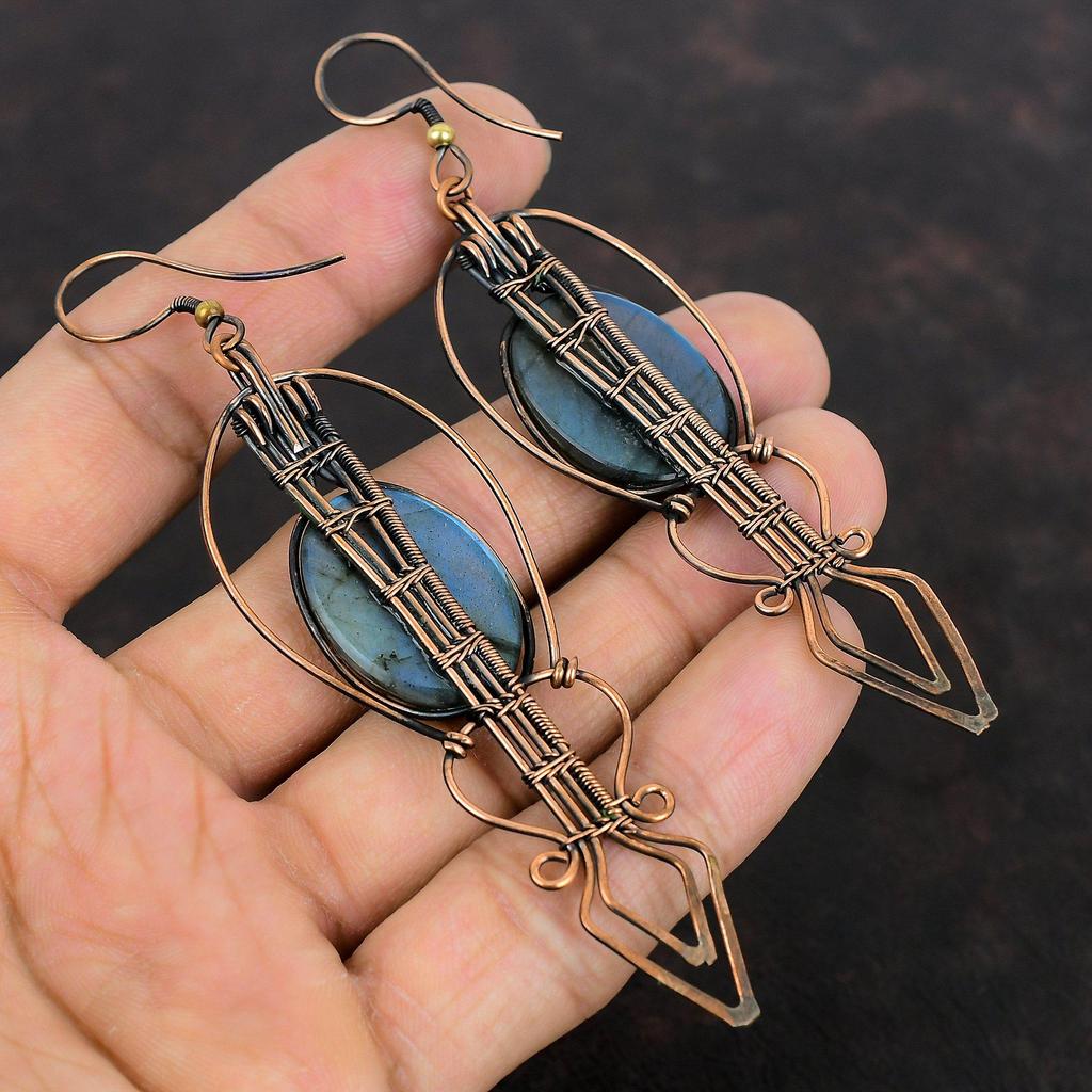 Серьги с лабрадоритом, медная проволока, серьги с драгоценными камнями, медные украшения, серьги ручной работы, подарок для нее, дизайнерские серьги, ювелирные изделия, завернутые в проволоку