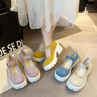 Модные осенние женские туфли Мэри Джейн из флока на толстой подошве и квадратном каблуке, женские туфли в стиле Харадзюку на толстом каблуке, японские одинарные туфли 2025, туфли-лодочки