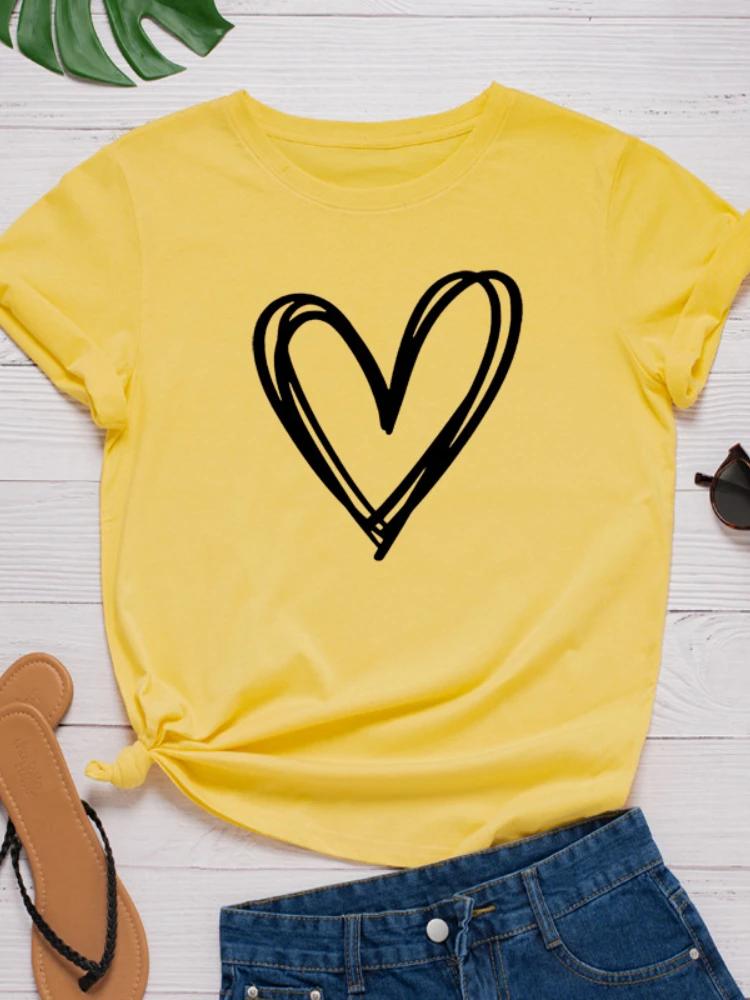 Футболка с принтом в виде сердца и коротким рукавом, свободная женская футболка с круглым вырезом, женская футболка, топы, одежда, женские футболки