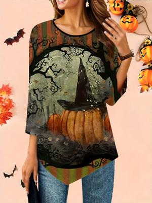 Женская свободная футболка с круглым вырезом и рукавом три четверти, 3D-рисунок на Хэллоуин, идеальный подарок на Хэллоуин и Рождество