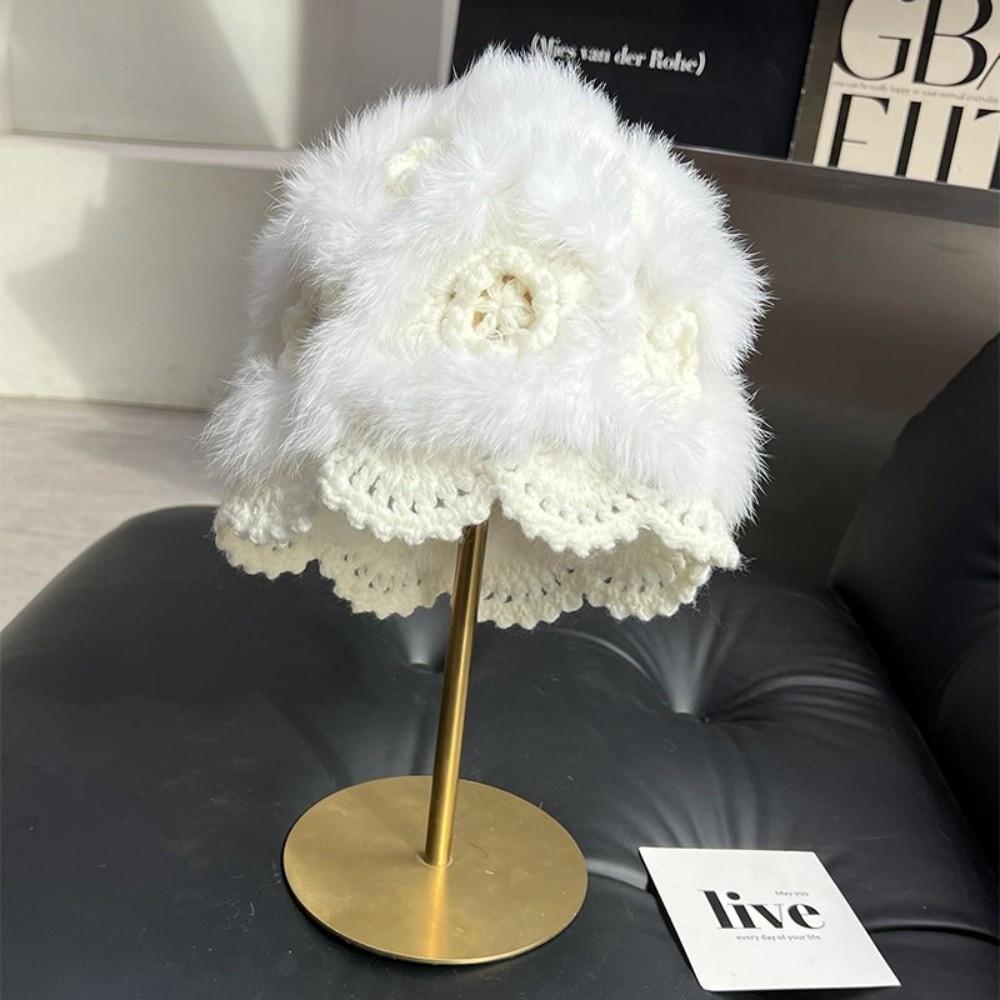 Rabbit Fur Fluffy Knitted Skull Cap Windproof Winter Crochet Hats Earflap Bucket Hat for Women