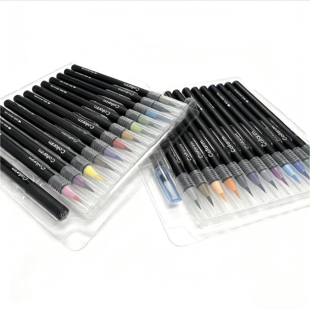 Premium Watercolor Brush Pens Set - 24 High Pigment Colors - Flexible Brush Tip, Water Brush & Fineliner