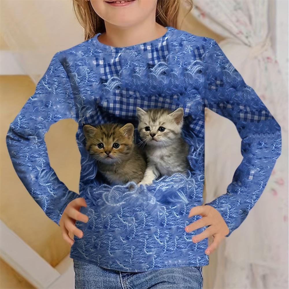 Girl Clothes Casual 3D Cat Graphic T Shirts Long Sleeve Tshirts Round Neck White T-Shirt Fashion Tops Outdoor Clothing for Girls