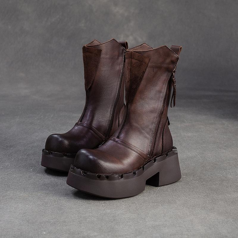 Johnature Genuine Leather Mid-calf Boots Retro Commuter Side Zipper Thick Heel Thick Bottom Women's Boots