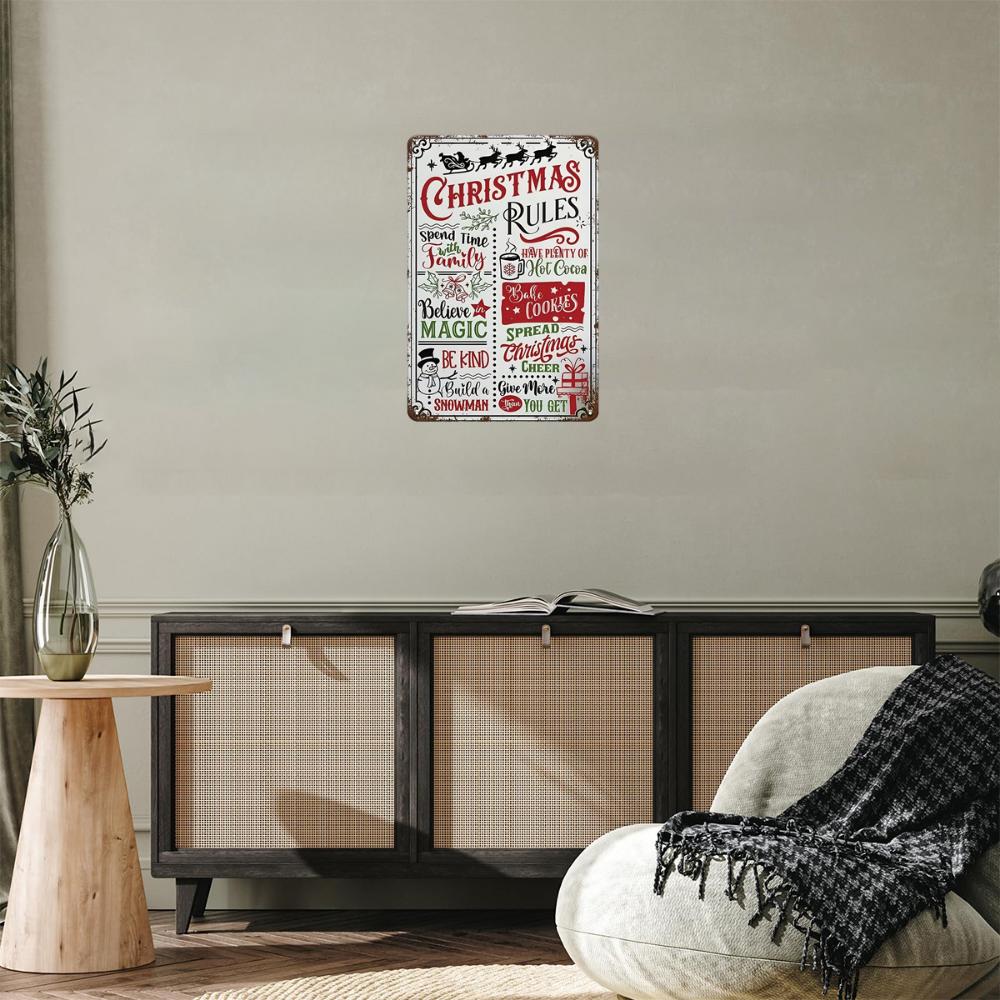 INEED Christmas Rules Metal Sign Wrought Iron Wall Art Decor with Pre-drilled Holes, Humorous Holiday Home and Bar Wall Decor