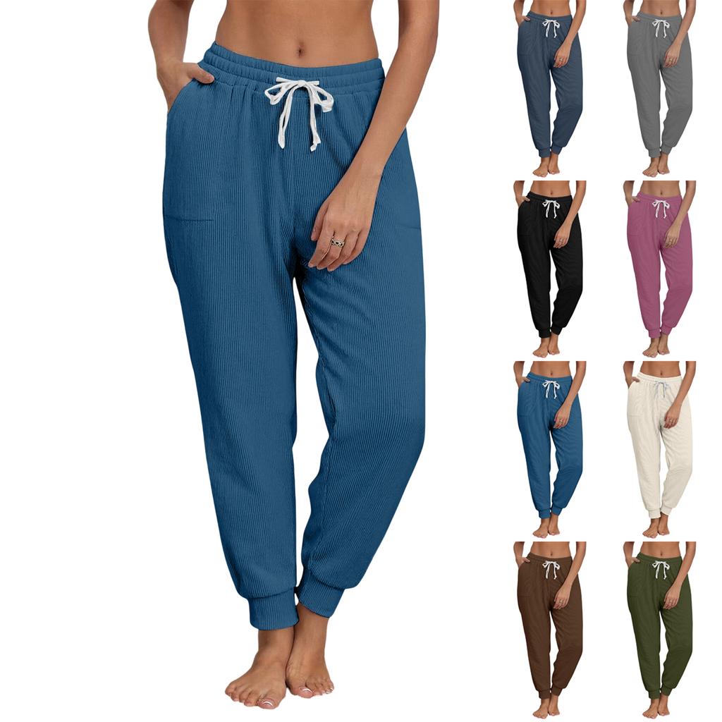 Women's Fashion Solid Color Elastic Waist Pocket Strap Foot Strap Casual Pants