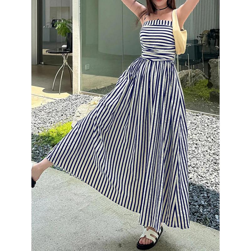 Vertical Striped Dress Spaghetti Strap Bandeau Off Shoulder Ruched Waist A Line With Pockets Summer Casual Beach Holiday Ladies Long Dress