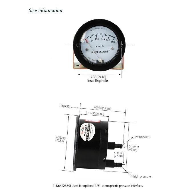 Air Differential Pressure Meter TE5000 0-250Pa Mini Size Easy to Mounting Pointer -68 ~ 103KPa Air Differential Pressure Gauge