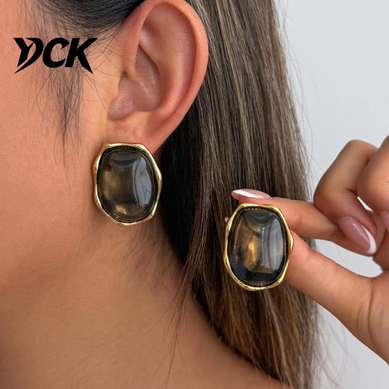 Minimalist Geometric Ear Jewelry 1 Pair Natural Healing Stone Stud Earrings for Women, Gold Elegant Commuter Accessories Plated Oval Resin Earrings,