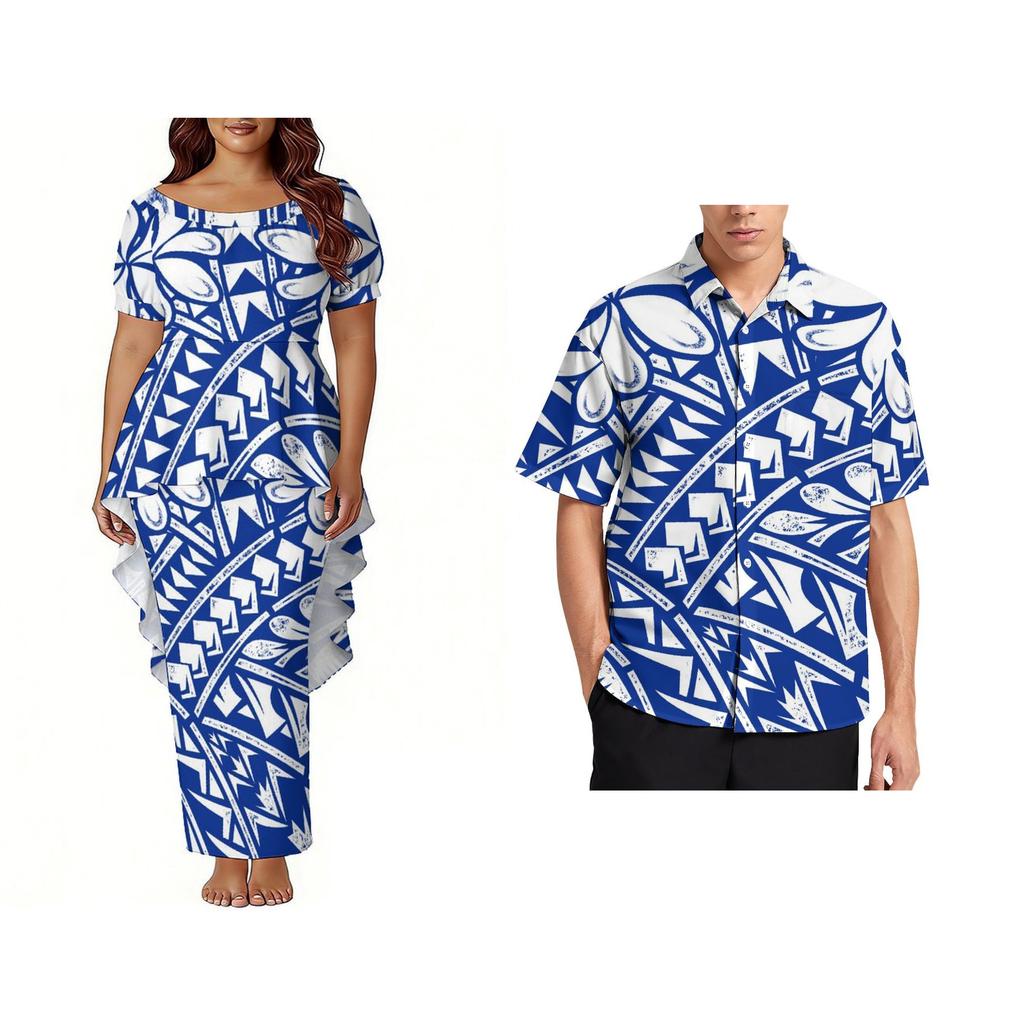 Custom Polynesian Bubble Short Sleeve Long Dress Lady Puletasi Dress Match Plus Size Men Stiff Neck Shirt Sets off Couples 2pcs