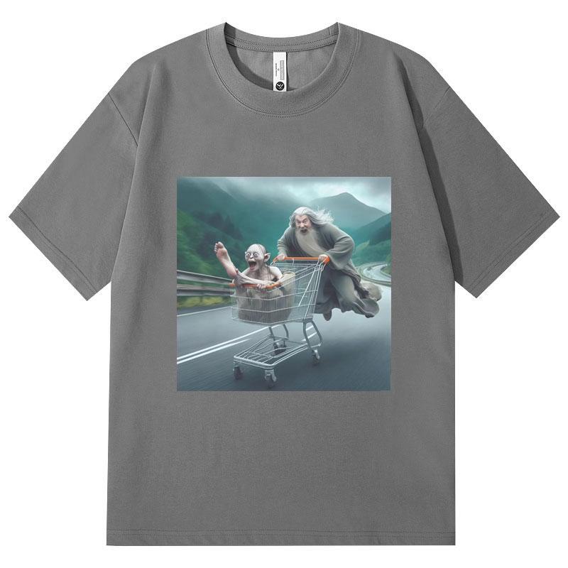 Wizard Pushing Goblin in Shopping Cart Funny Graphic T Shirts Gothic Vintage Short Sleeve Tshirt Unisex Casual Cotton Tshirts