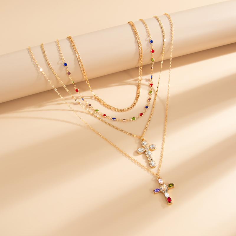 3/4Pcs Simple Jesus Cross Pendant Choker Stacking Necklace For Women Trendy Colorful Crystal Chain Christian Jewelry Gift