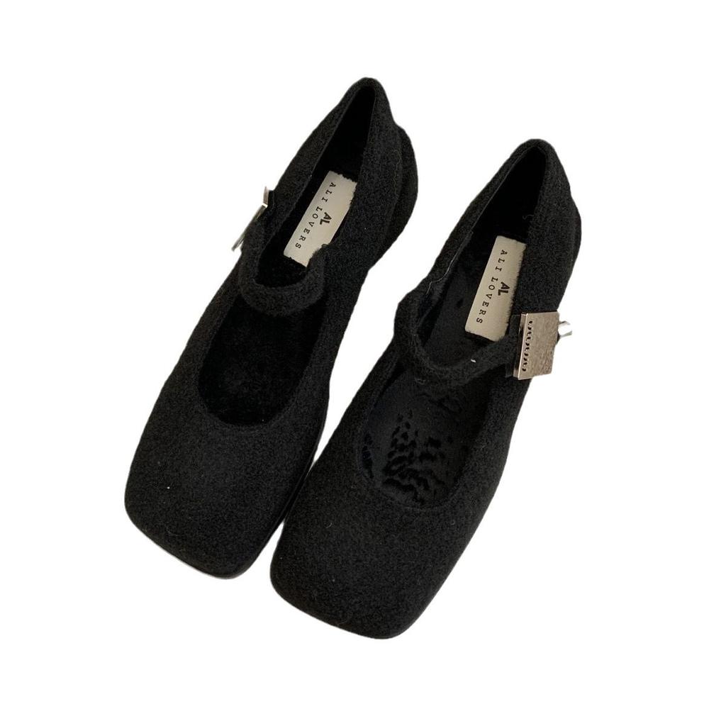 Gray Retro Woolen Mary Jane Fluffy Shoes Women's Winter Wear 2025 New French Thick Heel Velvet High Heel Single Shoes