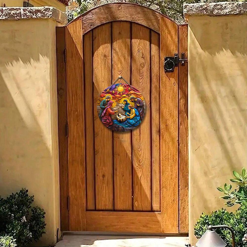 5 шт. красочный рождественский вертеп деревянный рождественский знак - 2D плоский резной Иисус круглый настенный декор для входной двери, идеальный христианский подарок