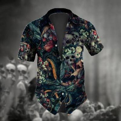 Мужская рубашка с короткими рукавами в стиле ретро с цветочным узором и черепом, летняя мужская мода, уличный тренд, мужская футболка большого размера с принтом черепа в стиле ужасов