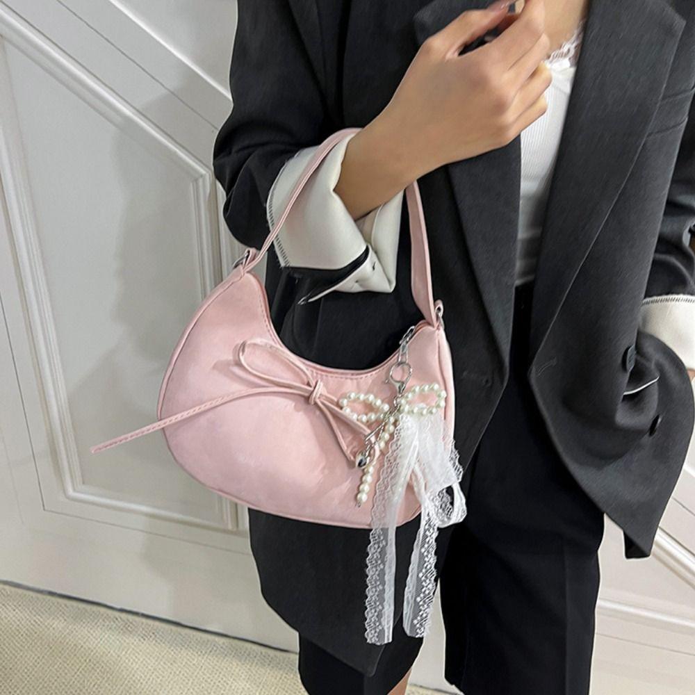 Lace Pearl Pendant PU Hobo Bag Solid Color French Style Handbag Fashion Bow Shoulder Bag Travel