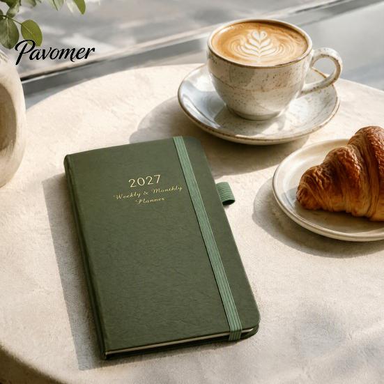 Карманный планировщик 2027, Ежедневник, Ретро обложка из ПУ-кожи с держателем для ручки, Еженедельник и Ежемесячник, Компактный для деловых поездок, Расписание
