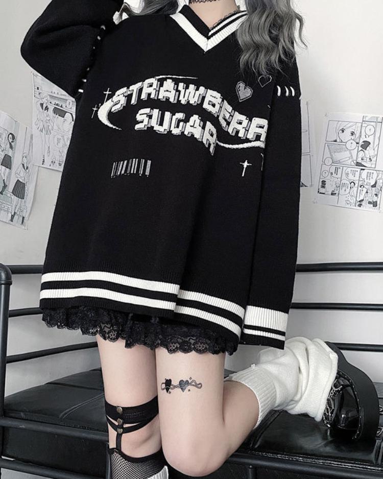 Женские толстовки большого размера Y2K в черную полоску в стиле Харадзюку, толстовки с буквенным принтом в стиле гранж, свободные повседневные топы с v-образным вырезом в готическом стиле