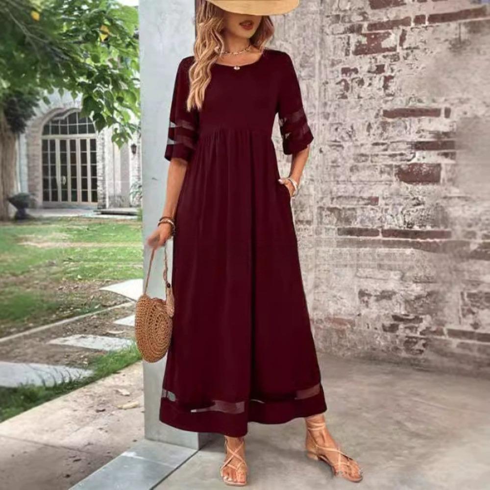 Элегантное длинное сетчатое облегающее платье с панелями из эластичной ткани, с круглым вырезом, однотонное, для ношения в любое время года, для женщин