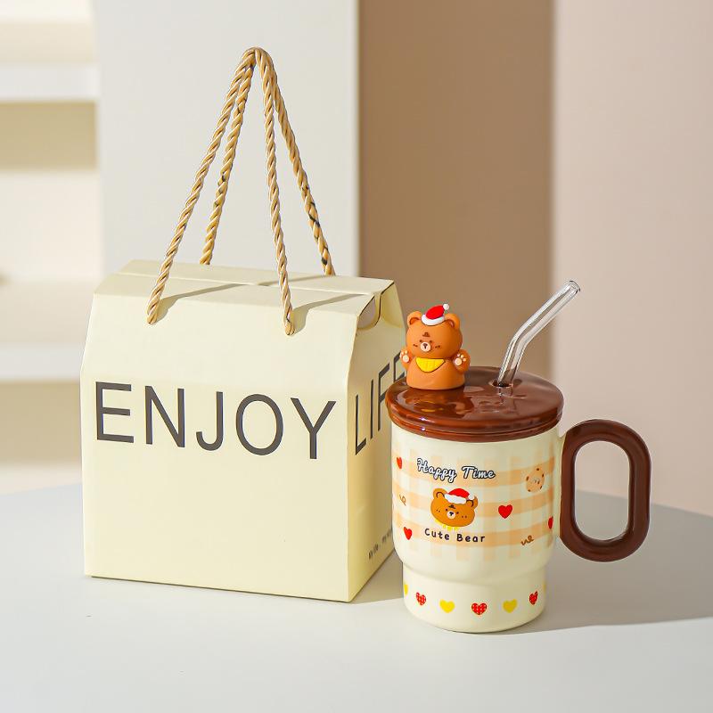 Summer New Straw Cup Doodle Animal Ceramic Water Cup with Lid Cartoon Mug Cute Birthday Gift