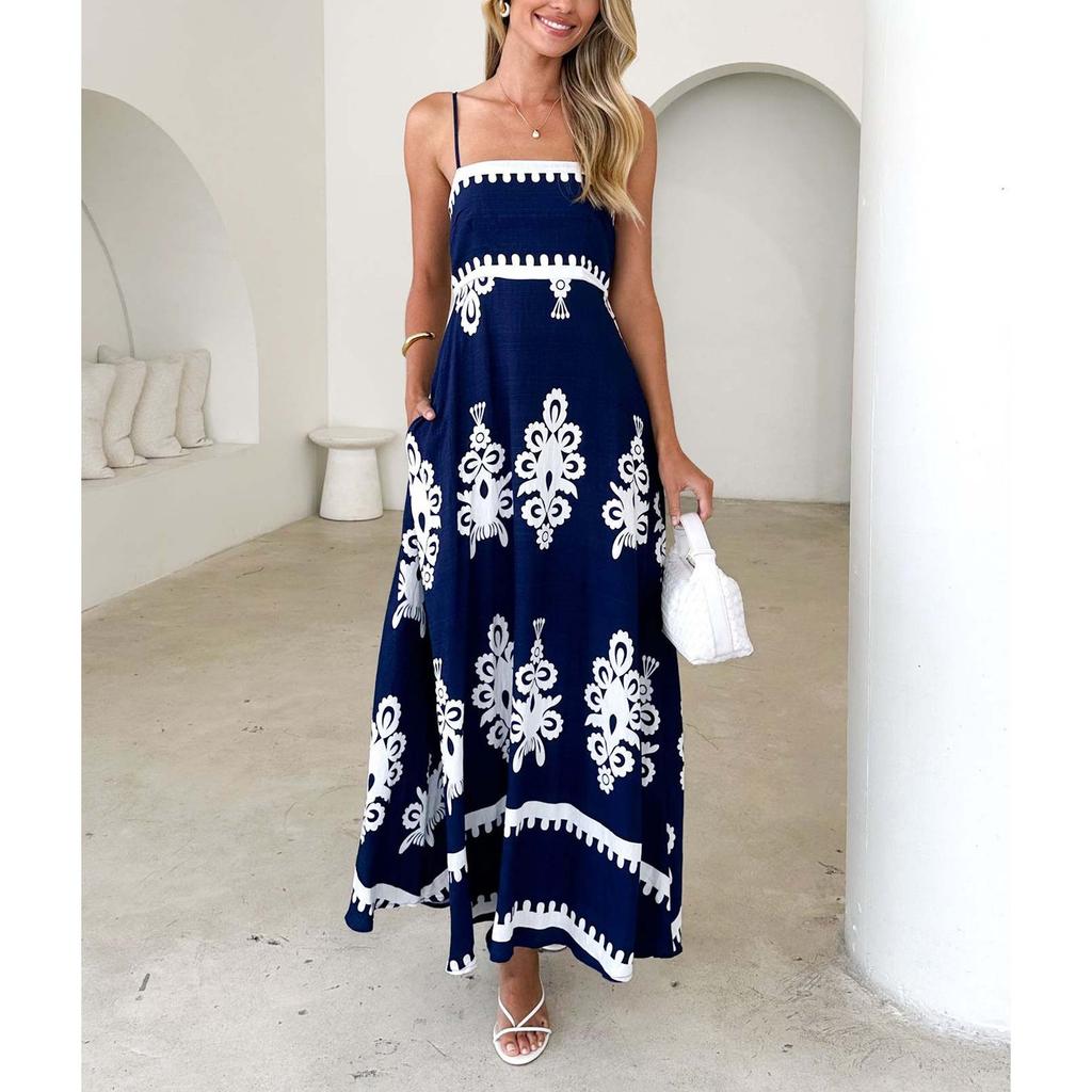 Женское модное летнее пляжное платье с принтом, длинное платье в стиле бохо на бретелях