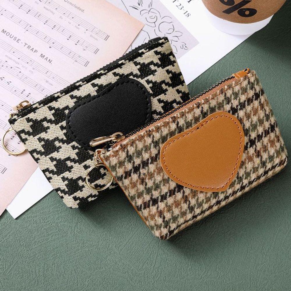 Printing Canvas Coin Purse Pu Leather Short Style Wallet Portable Houndstooth Zipper Purse  Outdoor