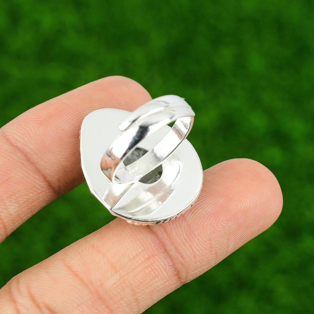 925 Sterling Silver Pear Solar Moss Agate Stone Unique Bezel Trendy Ring Jewelry