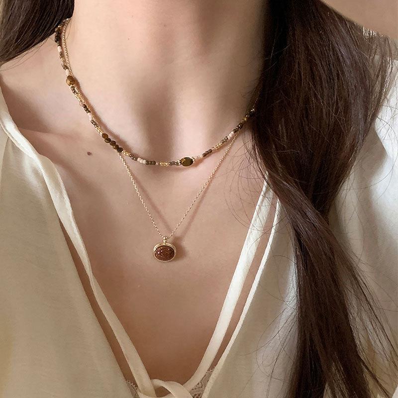 Niche Retro Tiger'S Eye Stone Beaded Stacked Necklace Female Maillard Unique Personality Fashion Versatile Neck Chain Sweater Chain