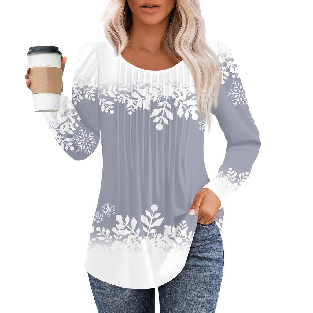 Рубашки с длинным рукавом для женщин, топы, нарядные повседневные блузки с рождественским принтом, плиссированные туники с круглым вырезом