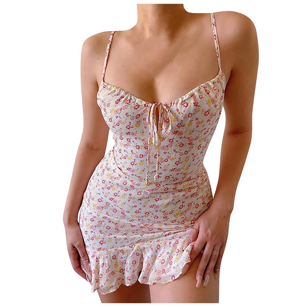 Женское весенне-летнее сексуальное платье без рукавов с вырезом на груди и цветочным принтом