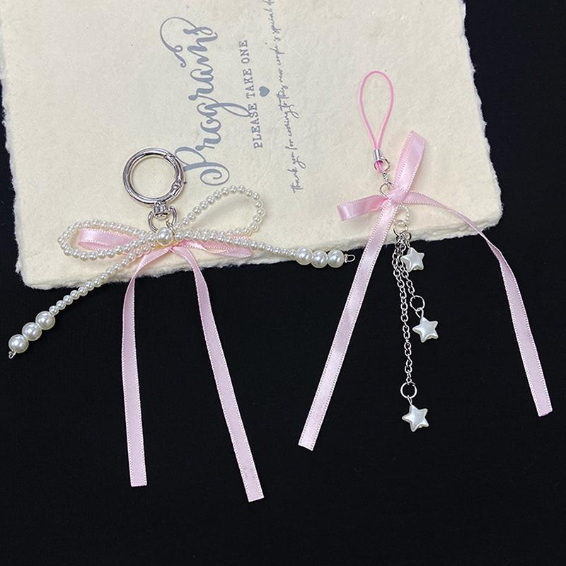 Брелок с жемчужными бусинами, милый, крутой бант, лента, телефон, кулон, чехол для наушников, подвески, сумка, декор, автомобильный брелок