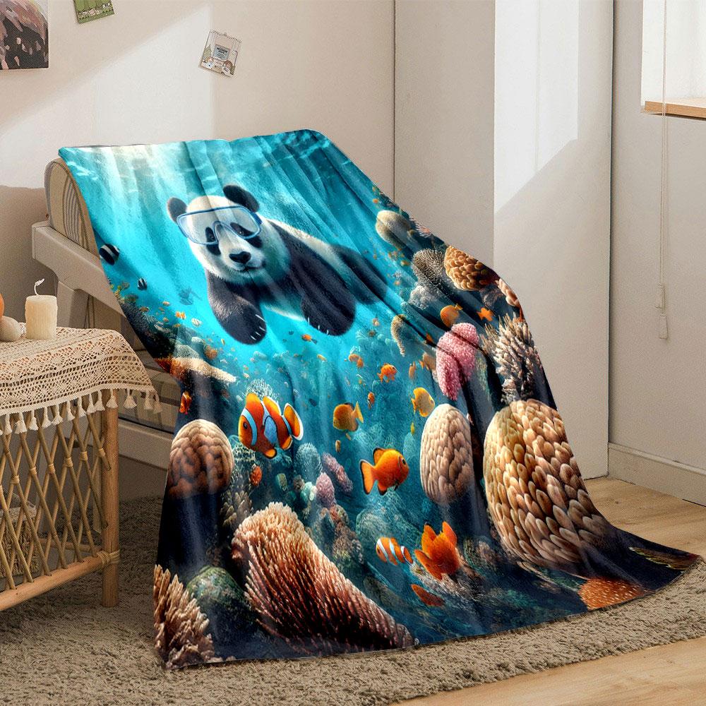 Diving Panda with Coral Reef and Fishes print blanket soft and cozy perfect for the living room bed sofa or a nap,gift