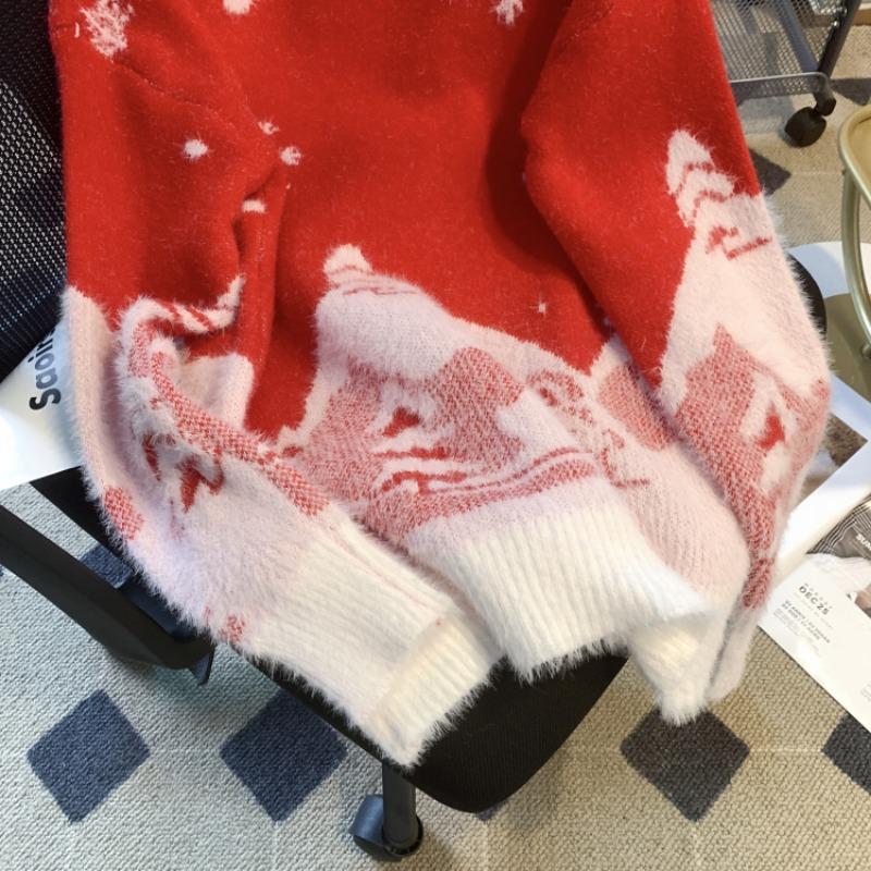 Winter New Cute Print Loose Christmas Pullovers Sweater Women Tops O Neck Long Sleeve Vintage Knitted Sweater Woman Casual Fashion Lady Jumpers 25513