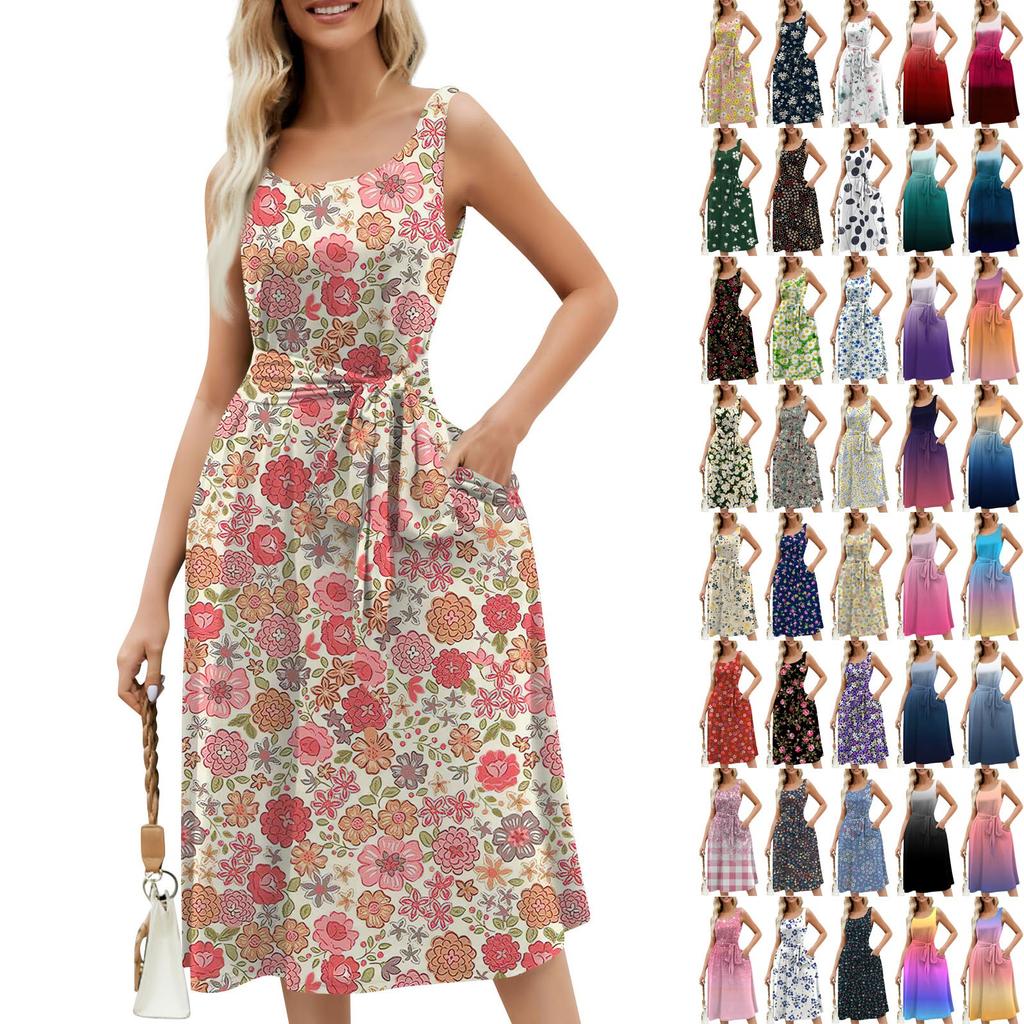 Женское летнее пляжное свободное платье трапециевидной формы средней длины с круглым вырезом и без рукавов, платье-жилет с карманом на шнуровке и цветочным принтом