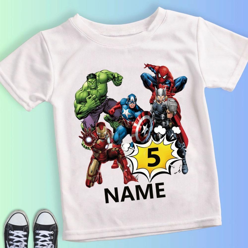 Детская футболка Marvel Мстители Персонализированная для девочки на День Рождения Летняя 2 3 4 5 6 7 8 9 Супергеройская Вечеринка на День Рождения Футболки с коротким рукавом для мальчиков