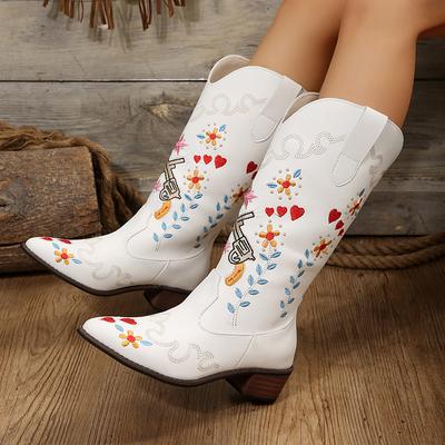 Сапоги до середины голени с вышивкой в стиле вестерн, женские зимние ковбойские сапоги с острым носком и квадратным каблуком, женские ковбойские сапоги из искусственной кожи на высоком каблуке