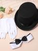 Womens Sequin Circus Ringmaster Bodysuit Top Hat Bow Fake Collar and White Gloves 4-Piece Set for Halloween Magician Party