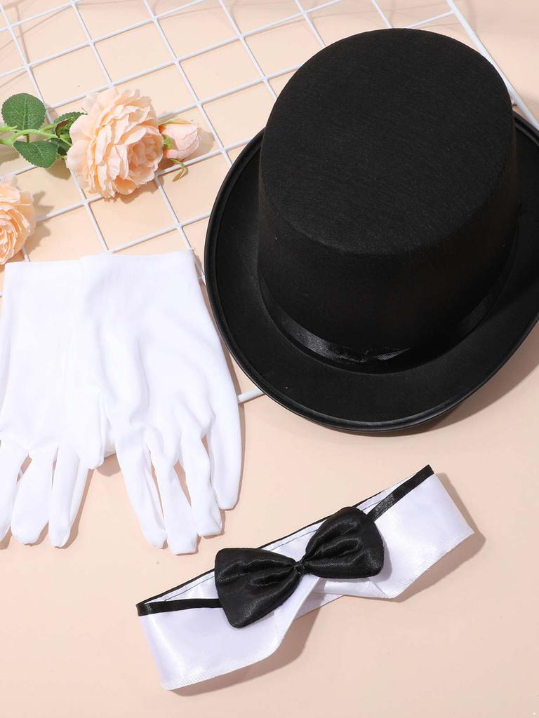 Womens Sequin Circus Ringmaster Bodysuit Top Hat Bow Fake Collar and White Gloves 4-Piece Set for Halloween Magician Party