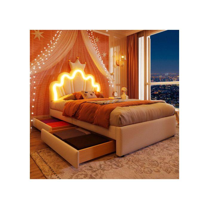 Lit - MUVOE - 90 x 200 cm - Éclairage d'ambiance - 2 tiroirs - Tête de lit réglable