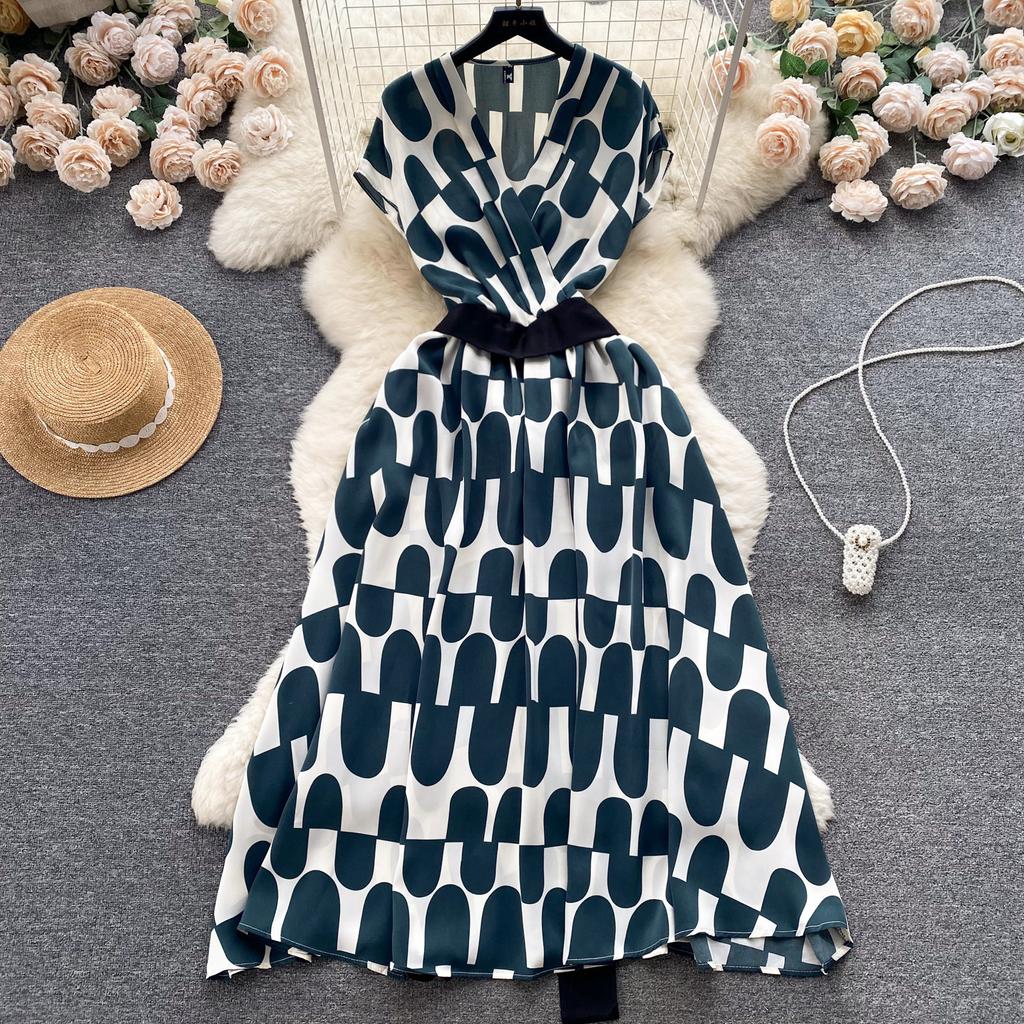 Summer Vintage Women Print Long Dress Elegant V-Neck Sleeveless High Waist A-Line Maxi Vestidos Female New Fashion Robe