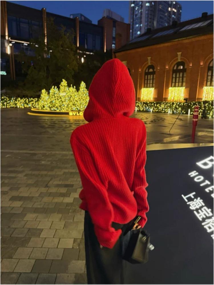 Red Wool Hooded Sweater for Women: New Year's, Christmas, Autumn/Winter Essential, Solid Color, Ribbed Knit.